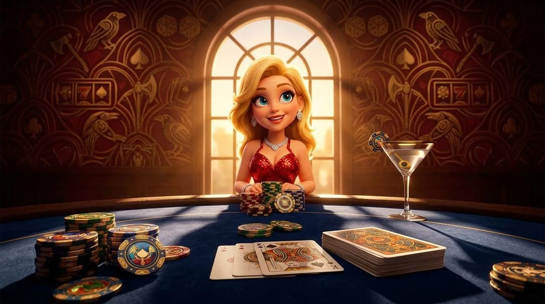 A cartoon casino mascot stands at a poker table, illuminated by golden-hour light, with colorful chips and cards on the table.