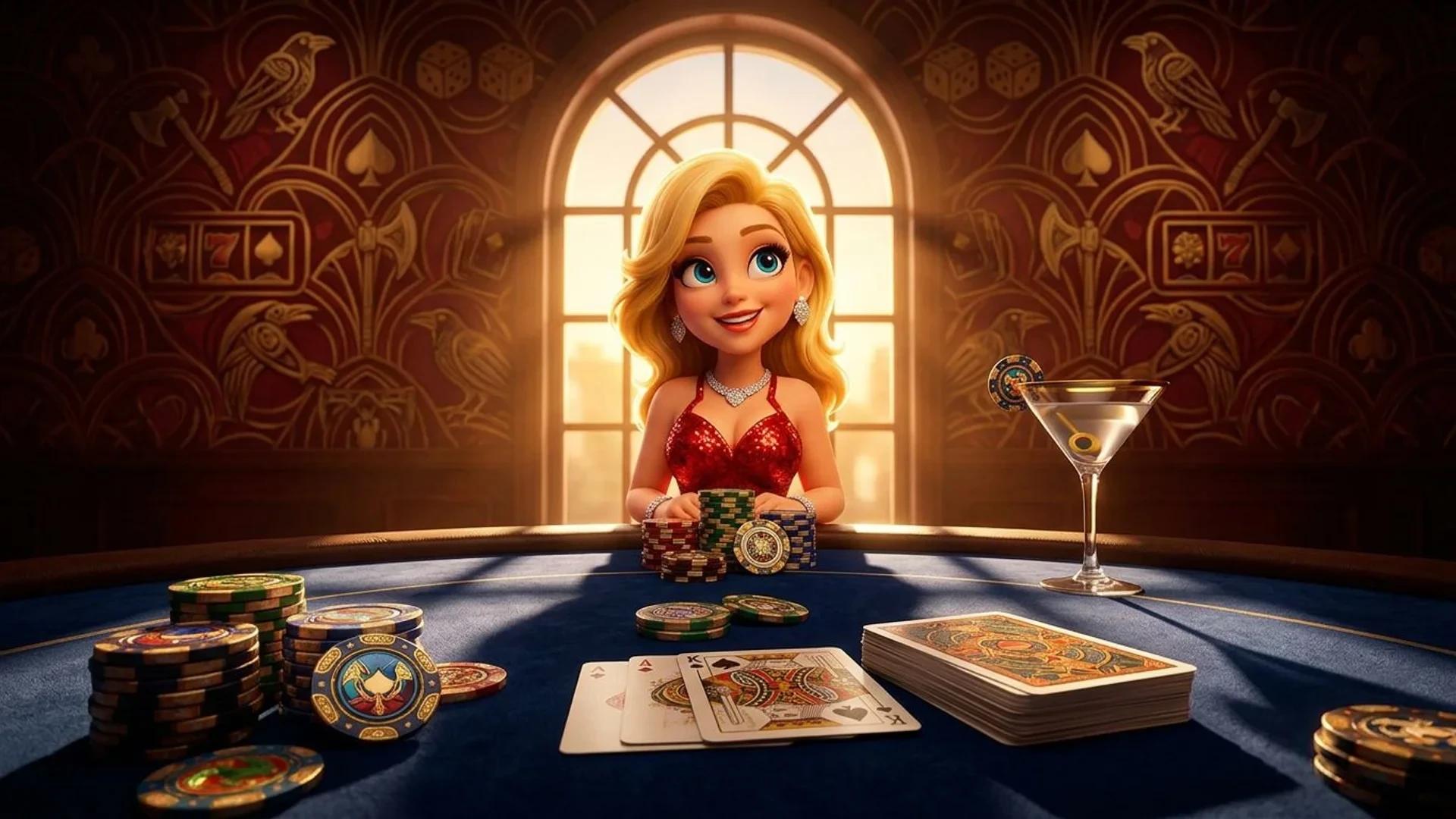 A cartoon casino mascot stands at a poker table, illuminated by golden-hour light, with colorful chips and cards on the table.