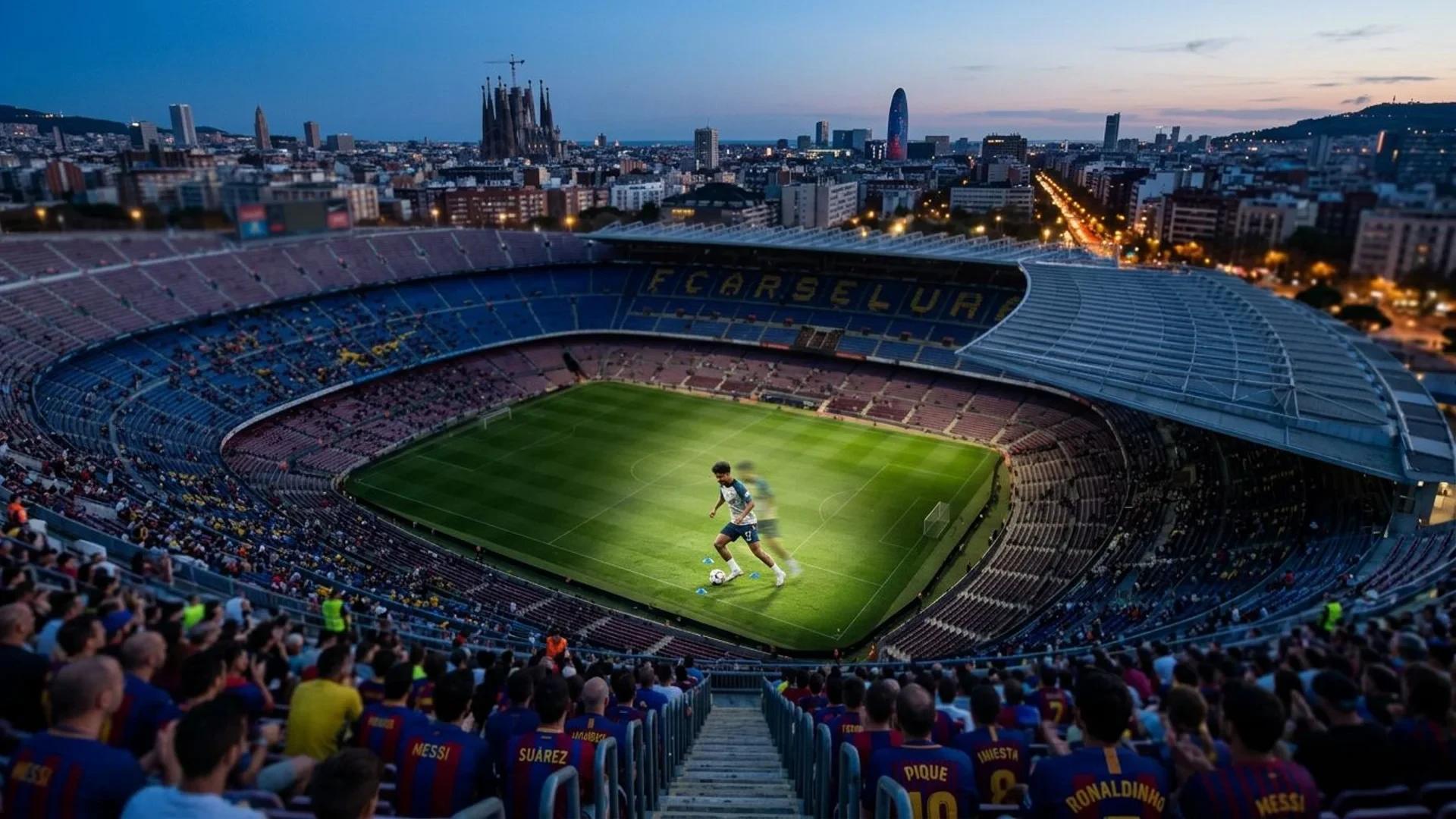 Aerial view of football players training at Camp Nou during dusk.