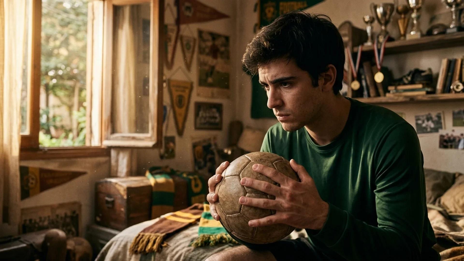 A close-up of a young football midfielder deep in thought, gripping a football in a softly lit room.