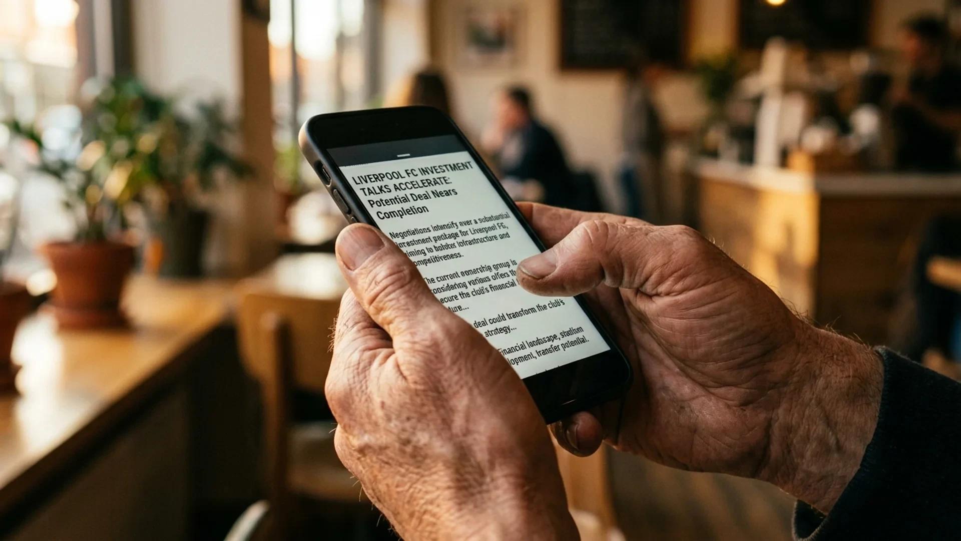 A close-up of hands holding a smartphone displaying news about Liverpool FC's investment discussions.