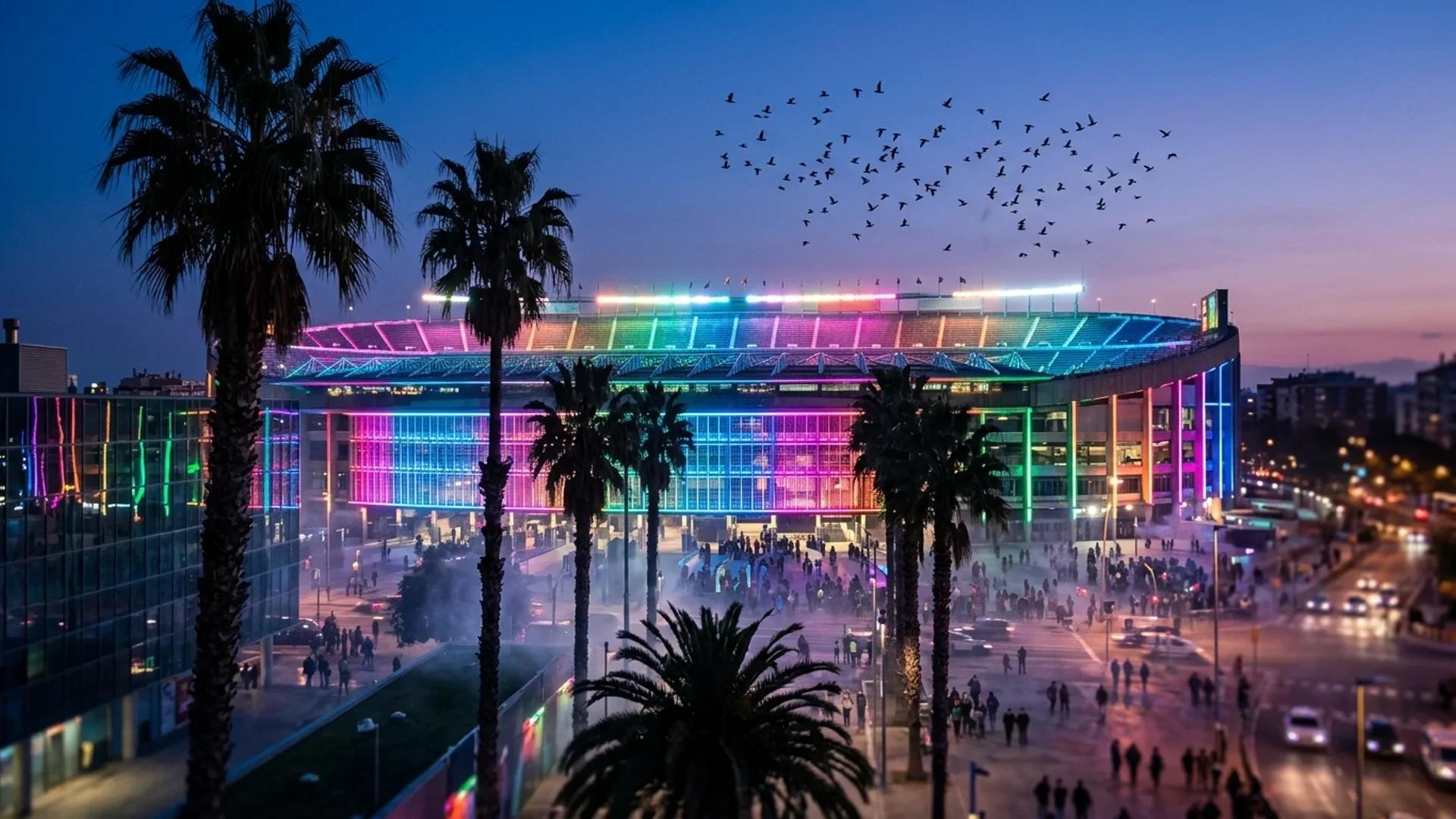 A wide shot of Camp Nou stadium illuminated with neon lights at dusk, framed by silhouettes of palm trees.