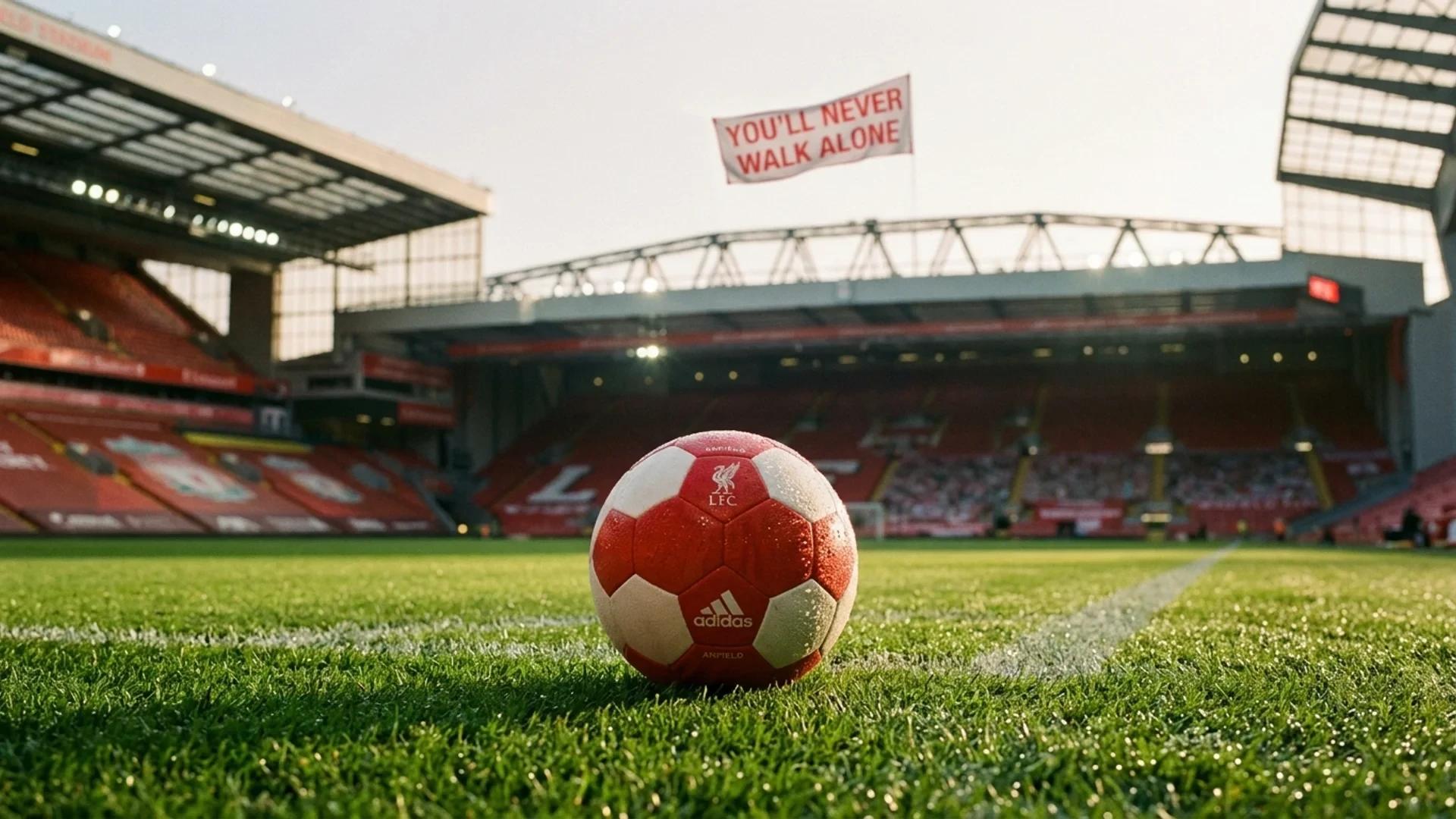 A close-up of a football on the grass at Anfield, with a blurred background of the stadium.