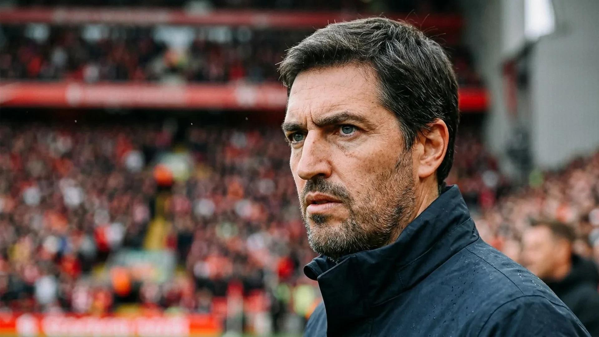 A close-up of Andoni Iraola's face with a blurred stadium backdrop.