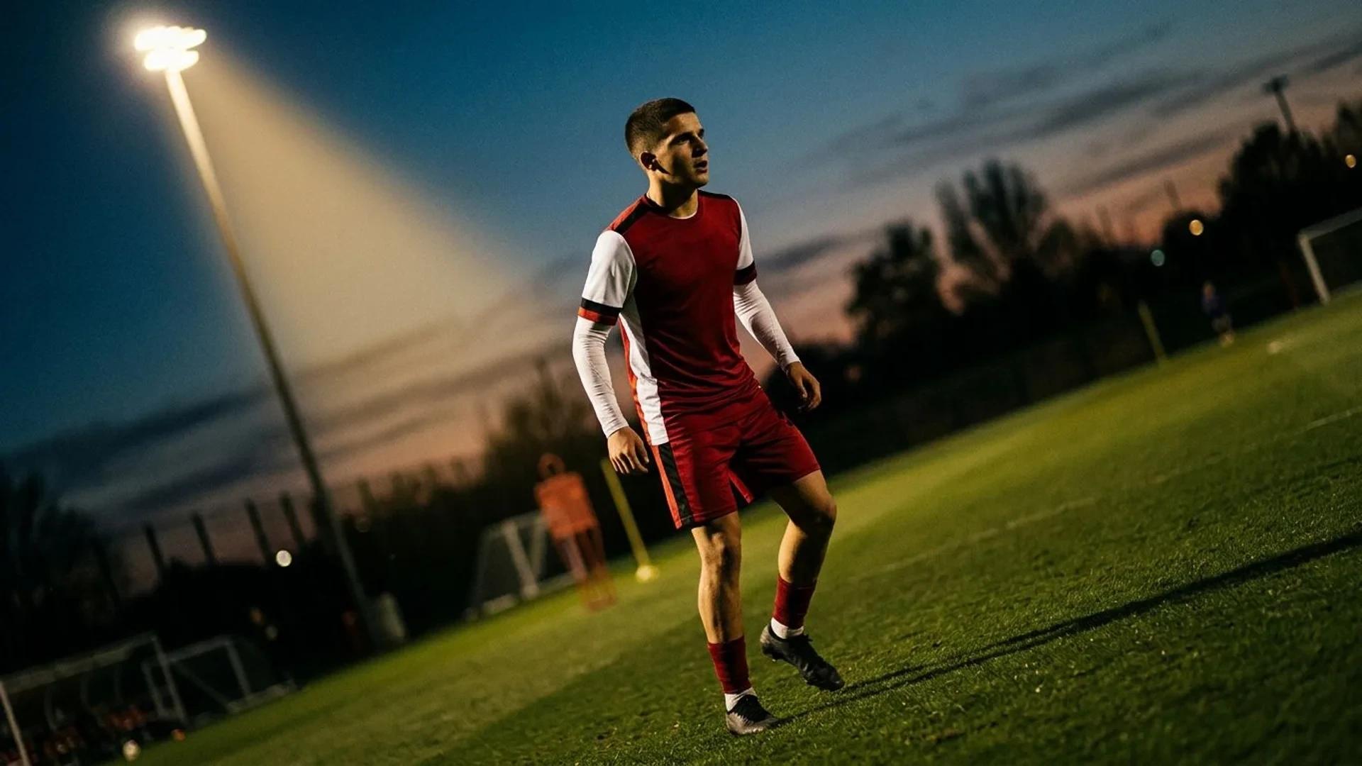 A football player stands on a training pitch, highlighted by a spotlight against a darkening sky.