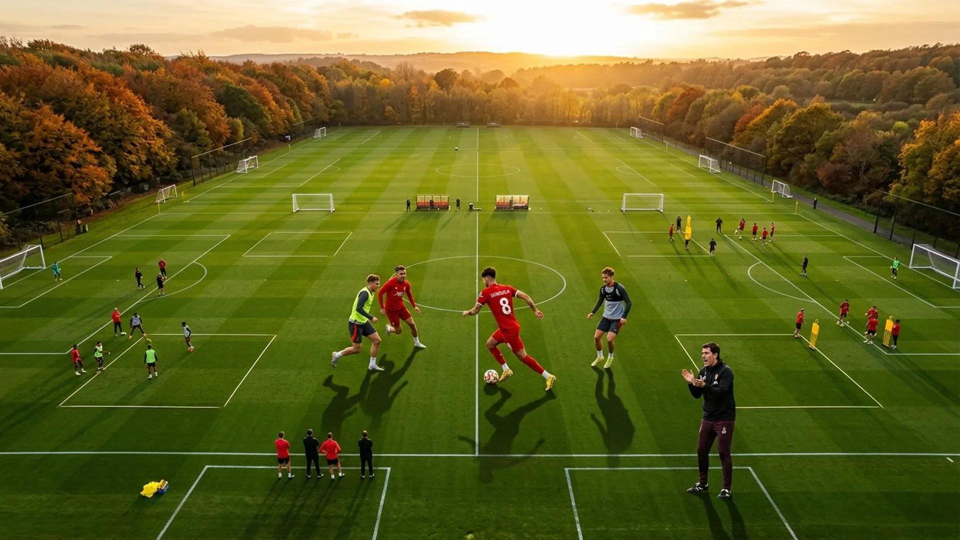 Et fugleperspektiv av en fotballtrening med spillere og trener.