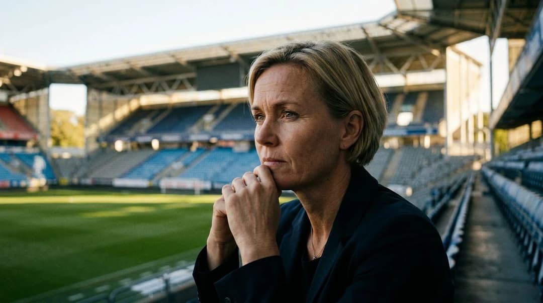 En nærbilde av Lise Klaveness som ser tankefull ut i et stadionmiljø.