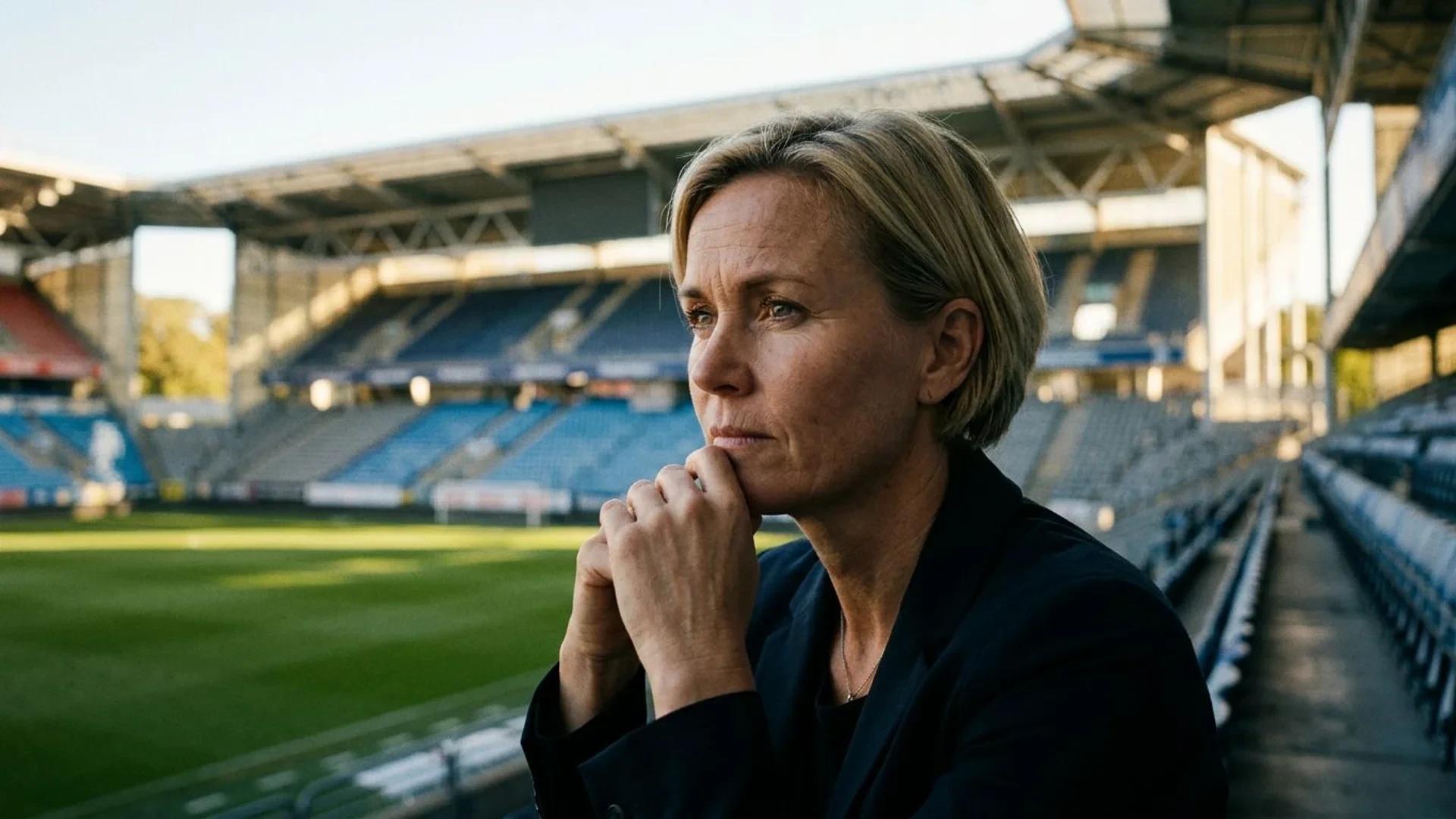 En nærbilde av Lise Klaveness som ser tankefull ut i et stadionmiljø.