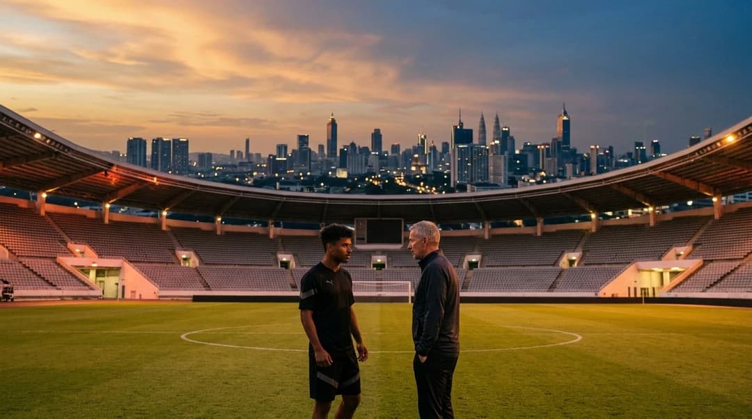 Karim Adeyemi in conversation with a coach at Camp Nou during twilight.