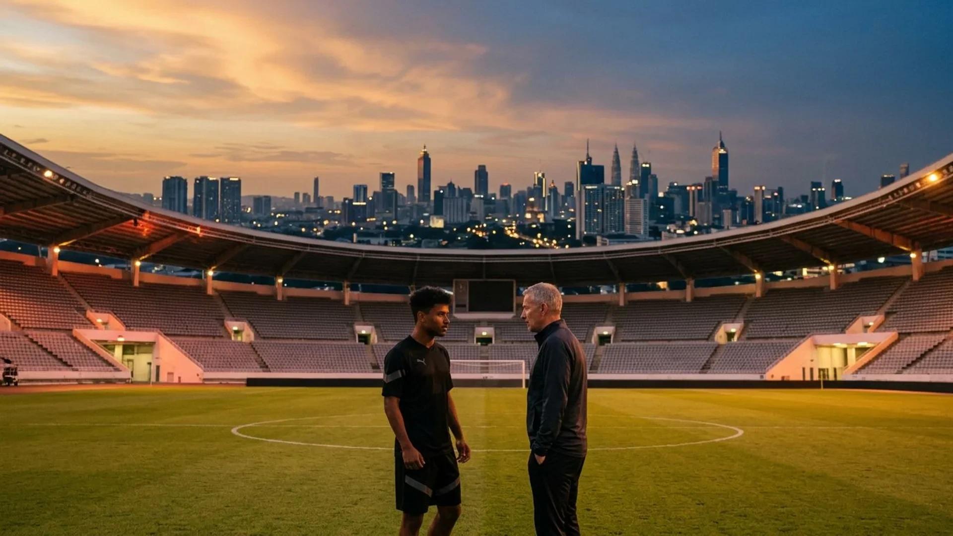 Karim Adeyemi in conversation with a coach at Camp Nou during twilight.