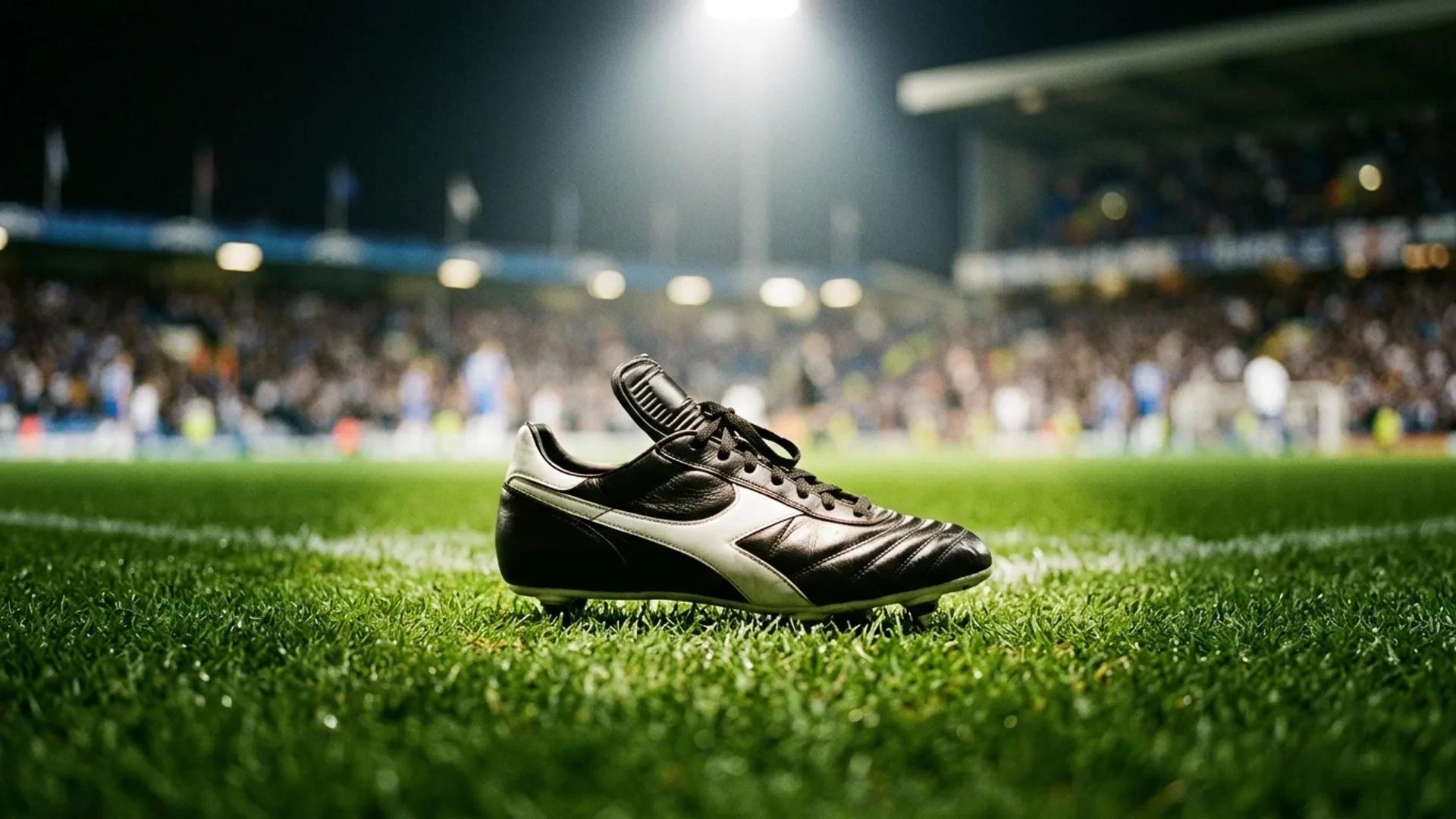 A close-up of a football boot on a pitch, highlighted by a single spotlight.