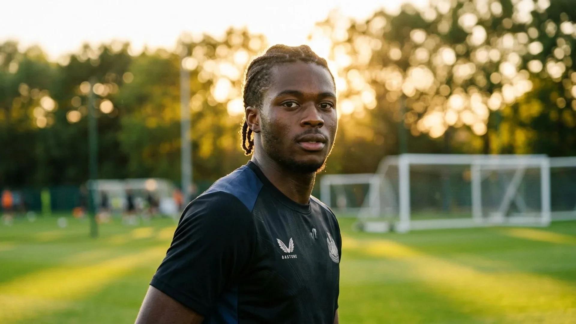 En ung fotballspiller står i et solfylt treningsmiljø.