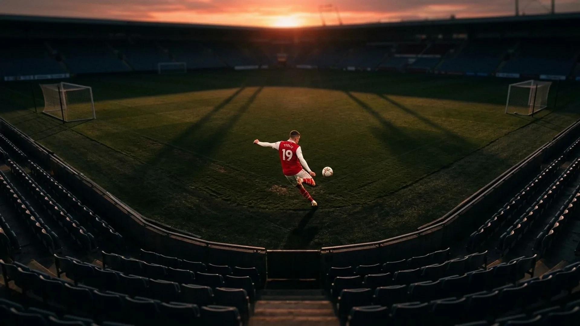Bird's-eye view of a football pitch at dusk with a player striking a pose.