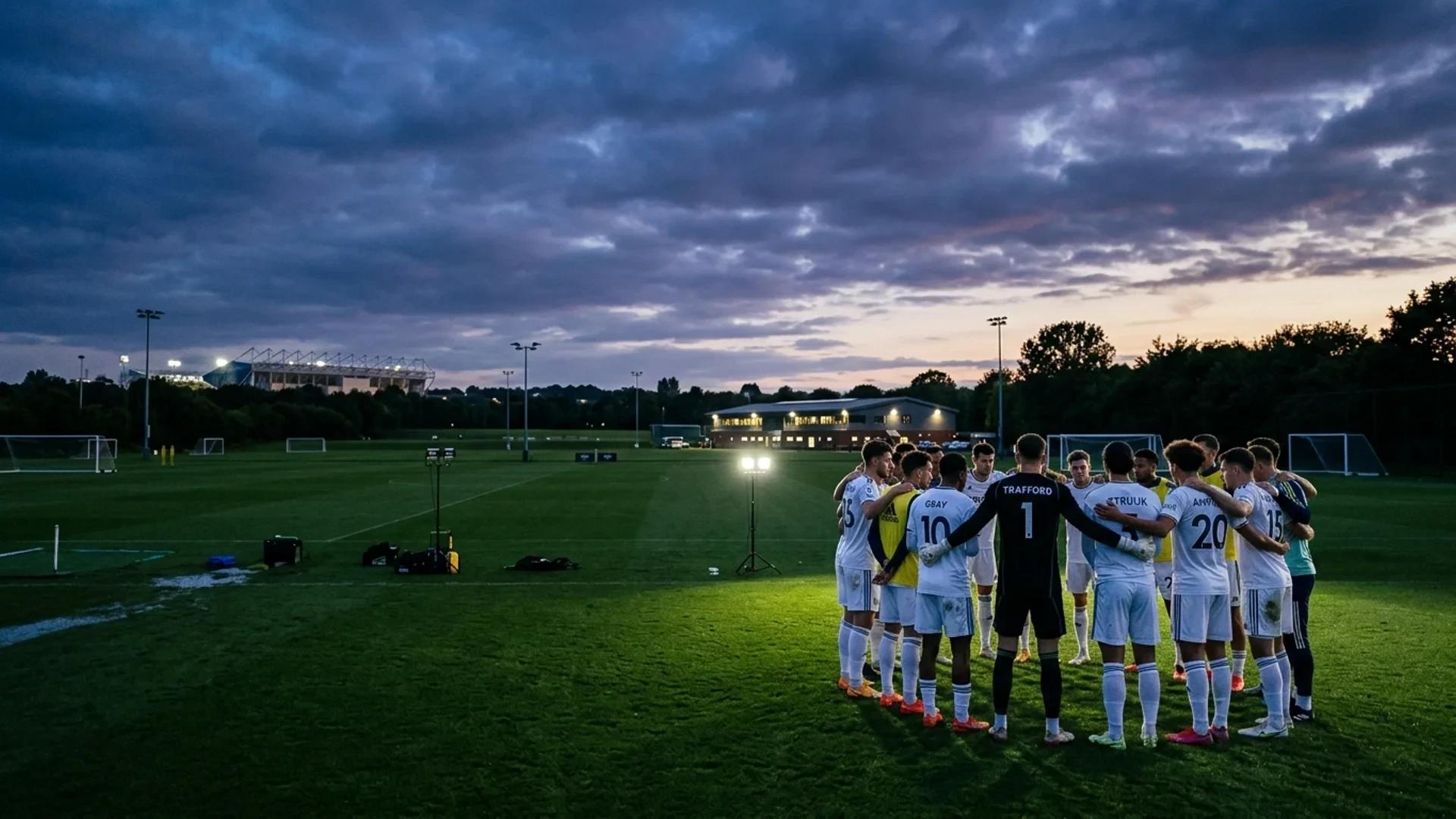 Leeds United players in a huddle at dusk during training.