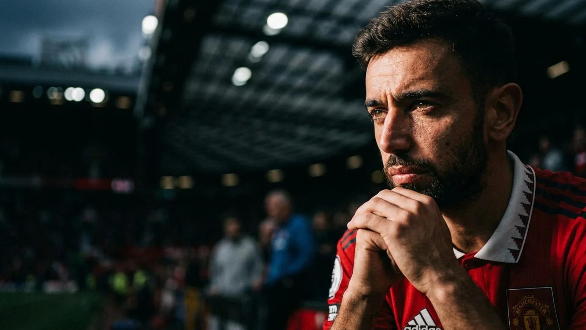 Bruno Fernandes in close-up, displaying an intense expression of contemplation.