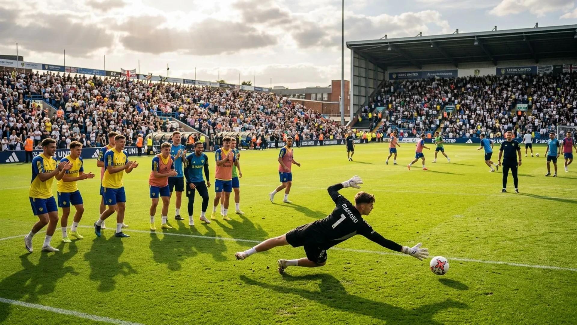 En ung keeper i Leeds United gjør en spektakulær redning under trening.
