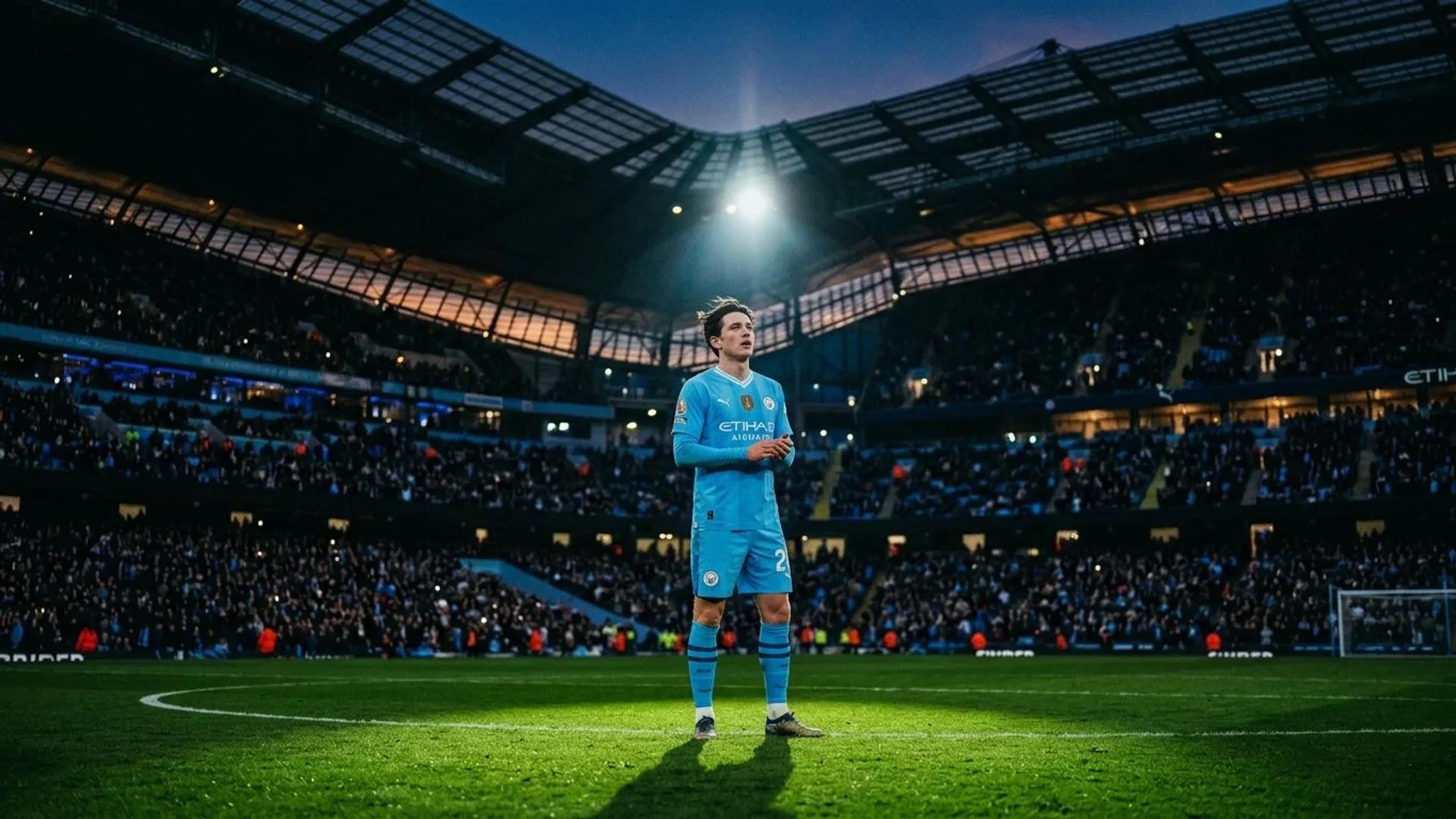 Elliot Anderson stands on the pitch of Etihad Stadium, spotlighted against the dim stands.