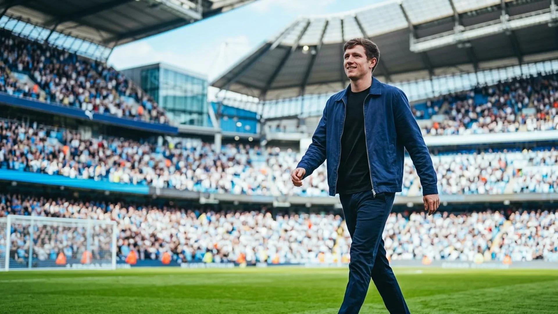 Elliot Anderson walking across the pitch at the Etihad Stadium, looking confident and excited.
