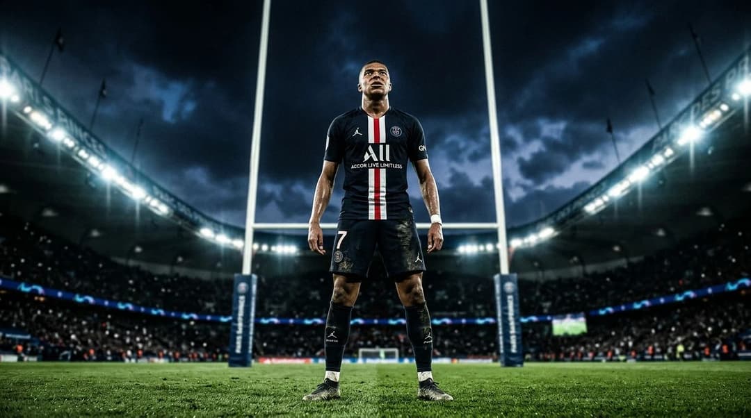 Kylian Mbappé stands in a dramatic low-angle shot on the pitch, illuminated by strong stadium lights.