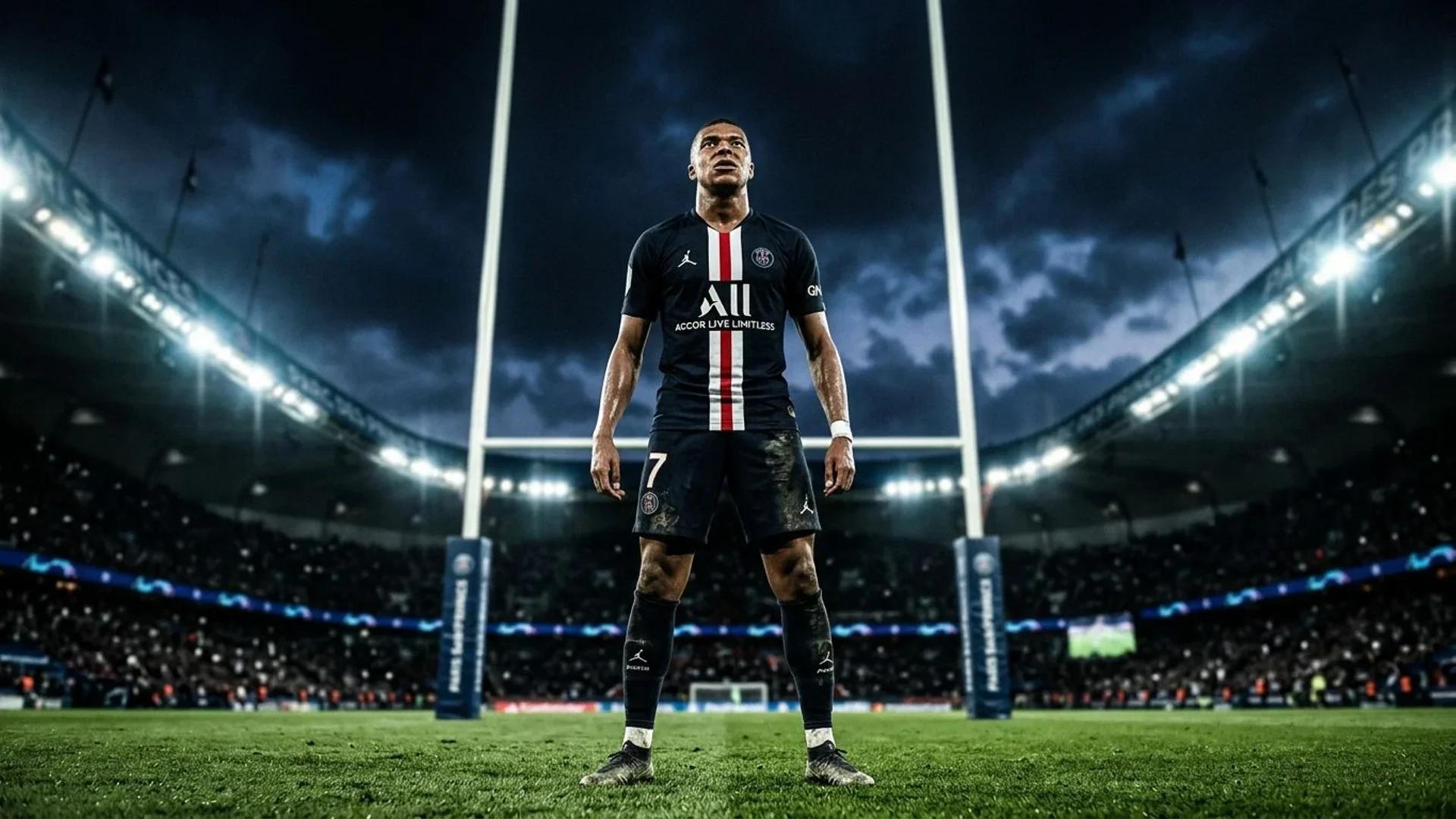 Kylian Mbappé stands in a dramatic low-angle shot on the pitch, illuminated by strong stadium lights.