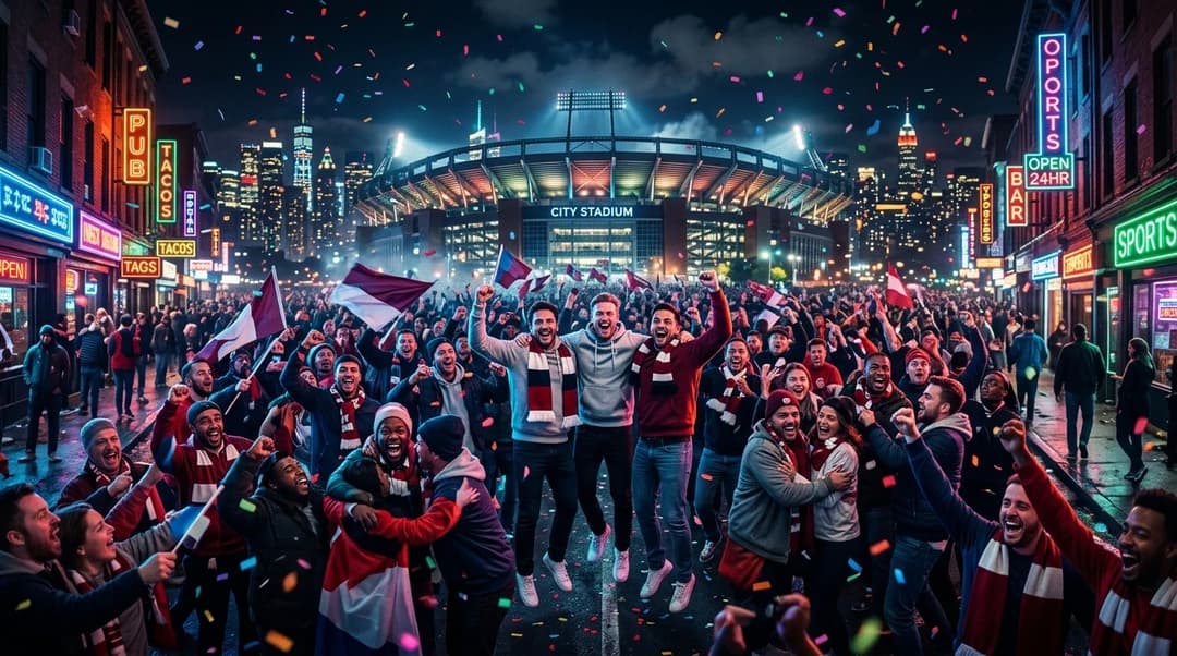 A wide view of ecstatic football fans celebrating at night, illuminated by neon lights.