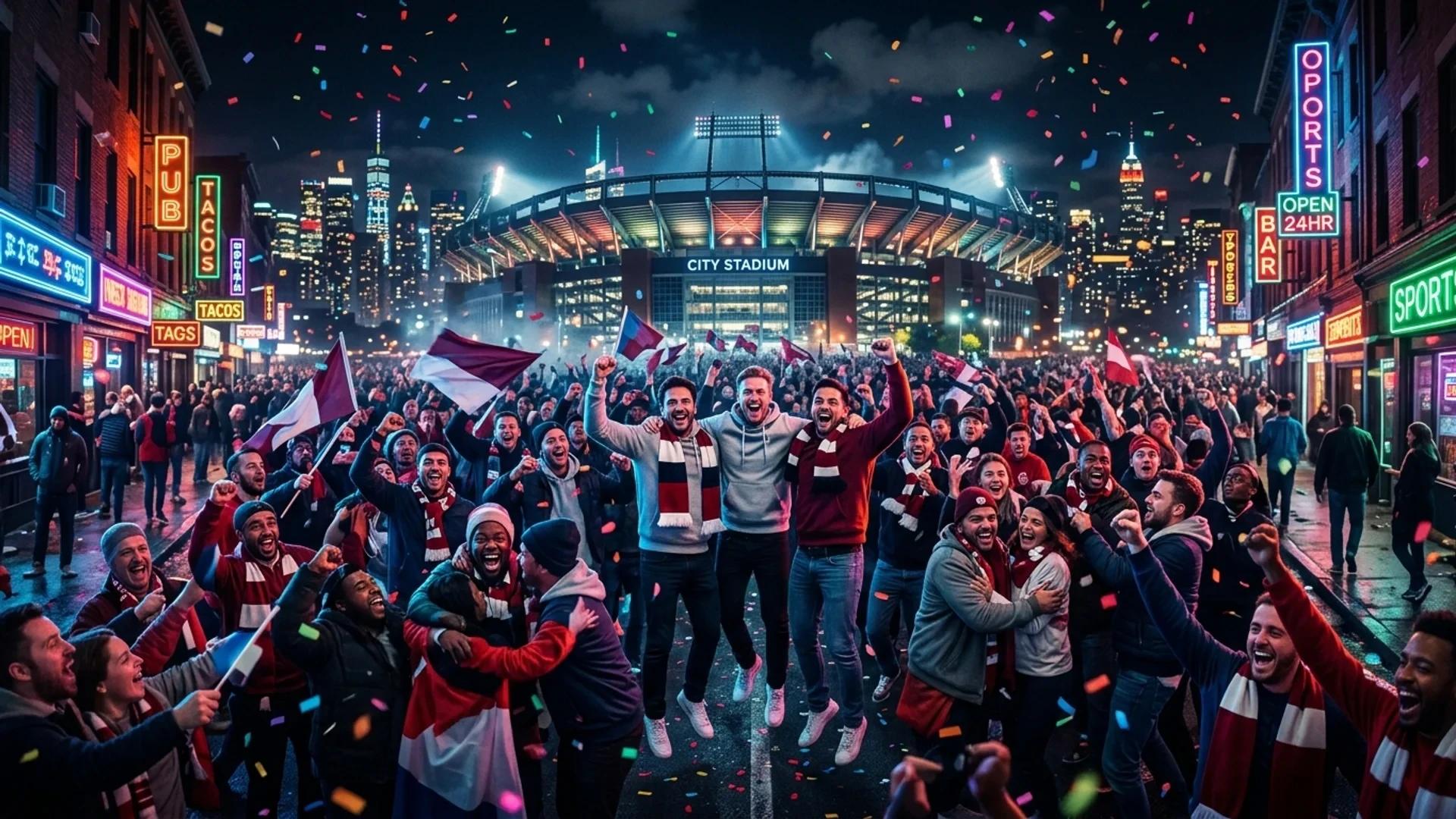 A wide view of ecstatic football fans celebrating at night, illuminated by neon lights.