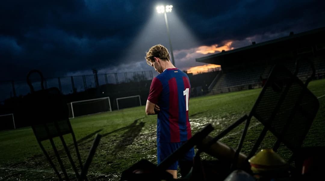 A dejected footballer stands on a training pitch under dramatic lighting, symbolizing injury and absence.