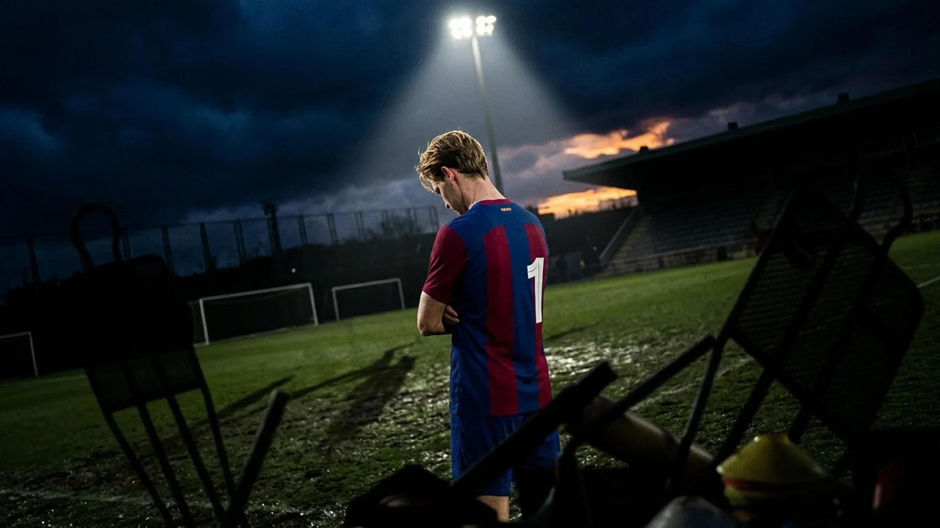A dejected footballer stands on a training pitch under dramatic lighting, symbolizing injury and absence.