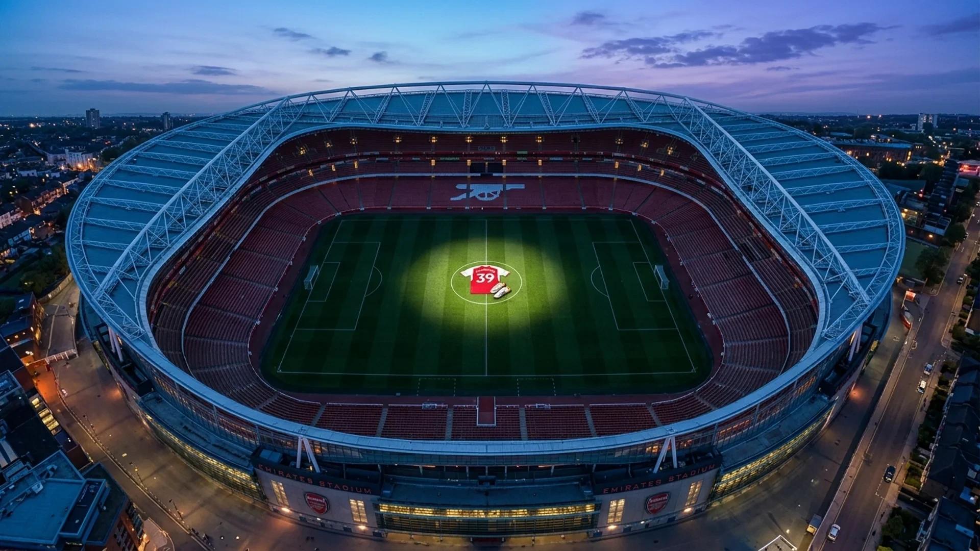 Oversiktsbilde av Emirates Stadium i blå-timen med en fotballtrøye og sko på banen.