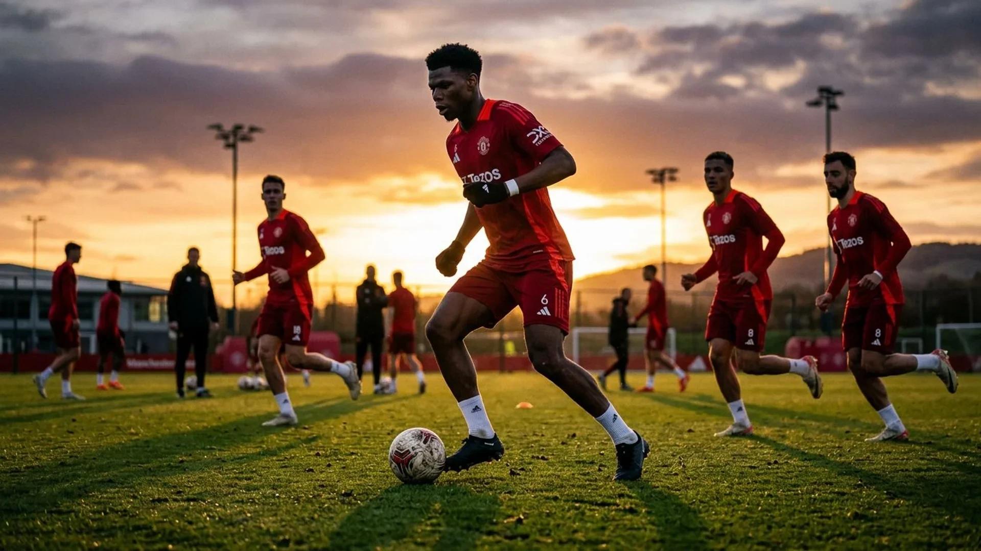En Manchester United-spiller dribler en fotball under trening med høye kontraster i lys og skygge.