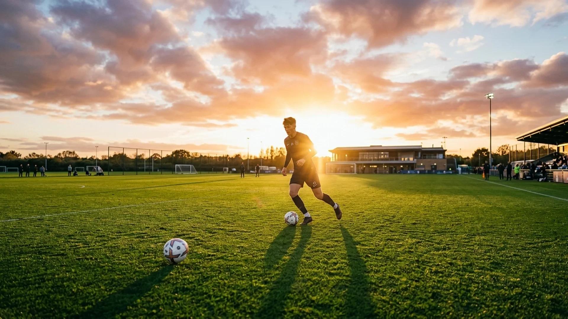 A footballer practicing on a training ground during sunset, with a picturesque landscape in the background.