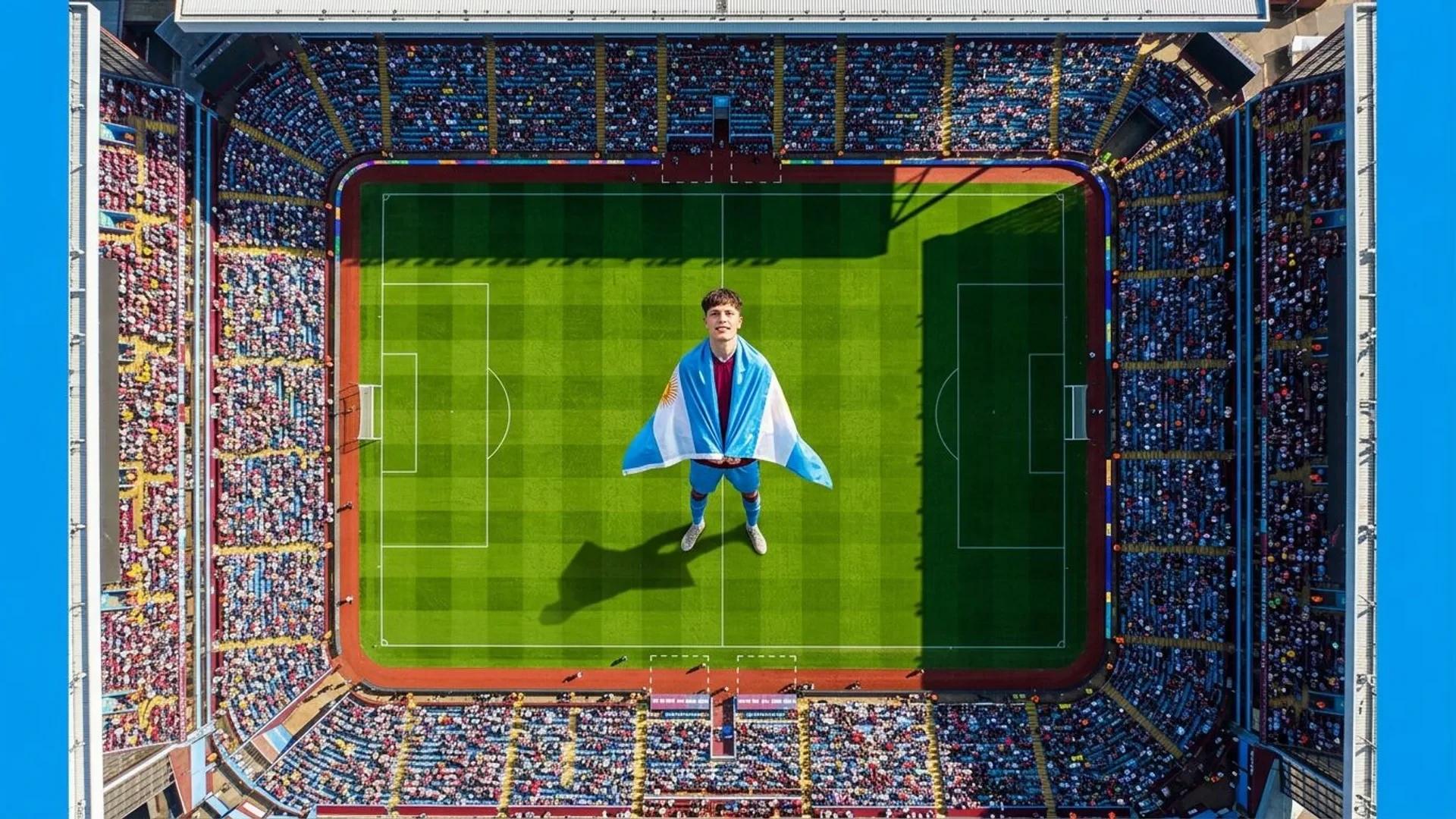 Bird's-eye view of Villa Park featuring Alejandro Garnacho draped in an Argentine flag.