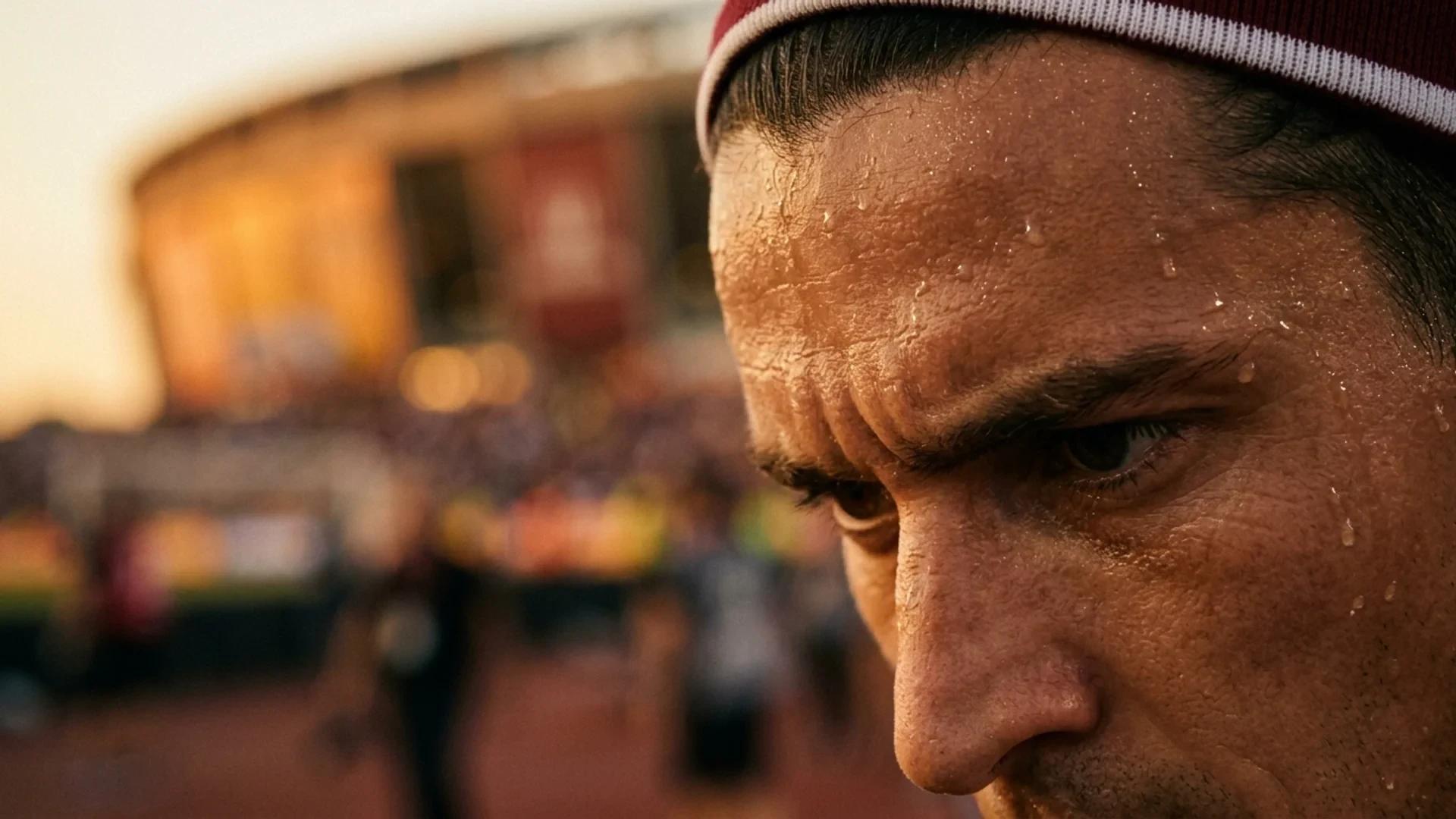 Extreme close-up of a football player's forehead glistening in golden light.