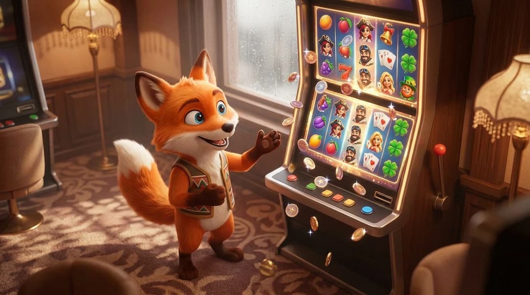 A fox mascot standing by a colorful slot machine in a softly lit casino room.