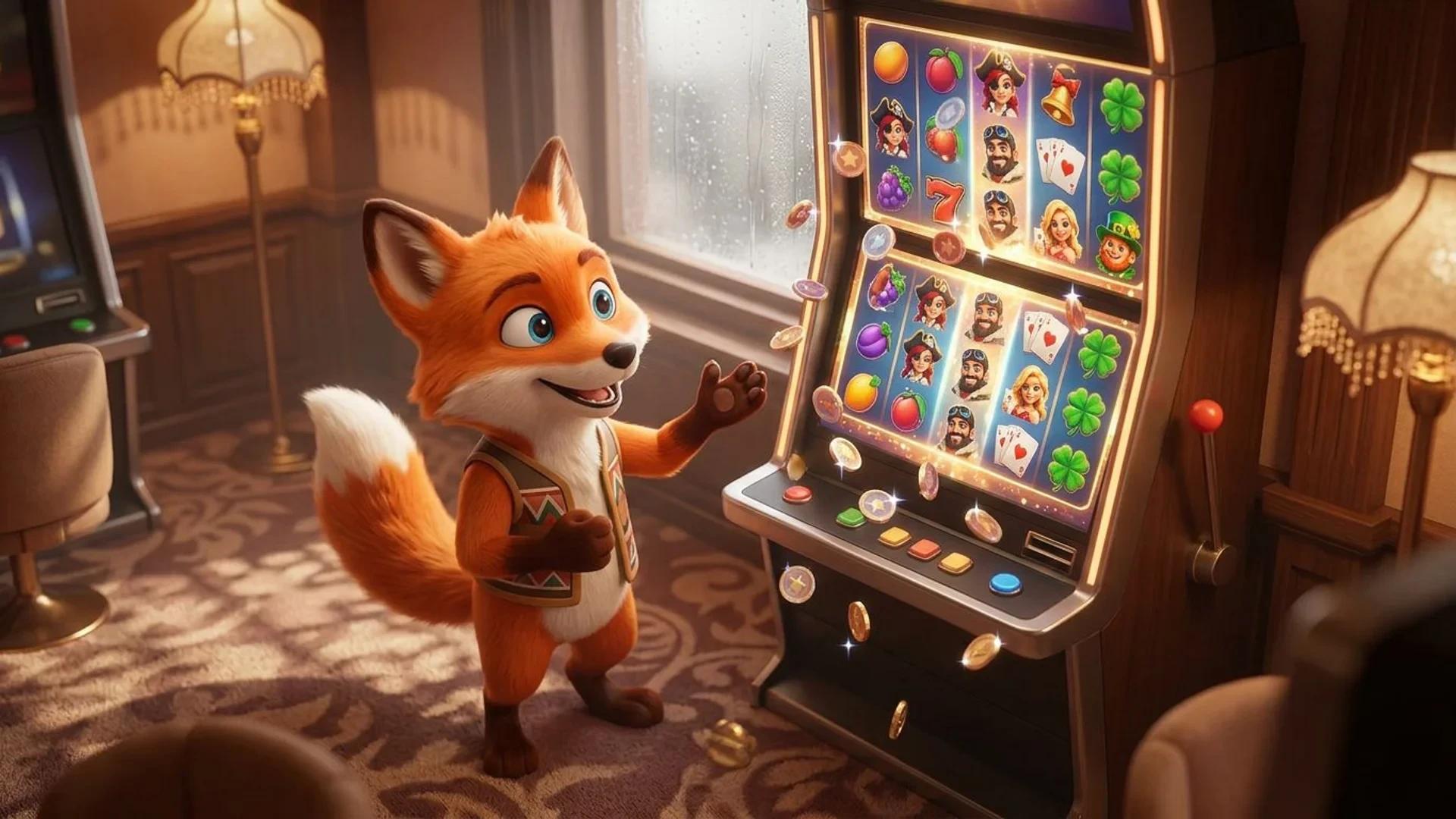 A fox mascot standing by a colorful slot machine in a softly lit casino room.