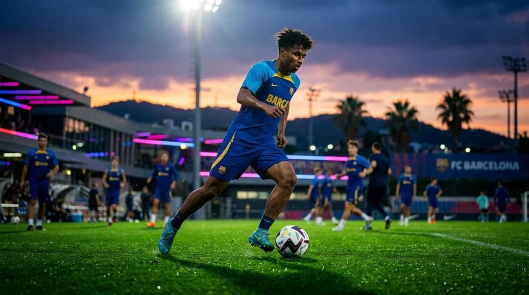Karim Adeyemi training on a football pitch illuminated with neon lights from a low-angle perspective.