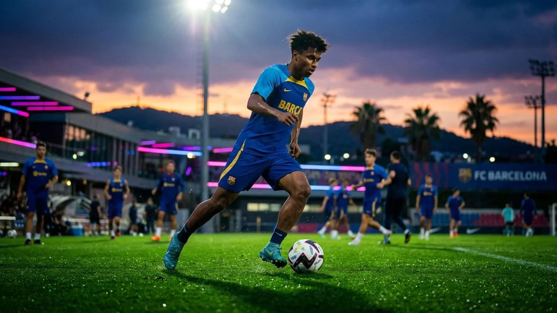 Karim Adeyemi training on a football pitch illuminated with neon lights from a low-angle perspective.