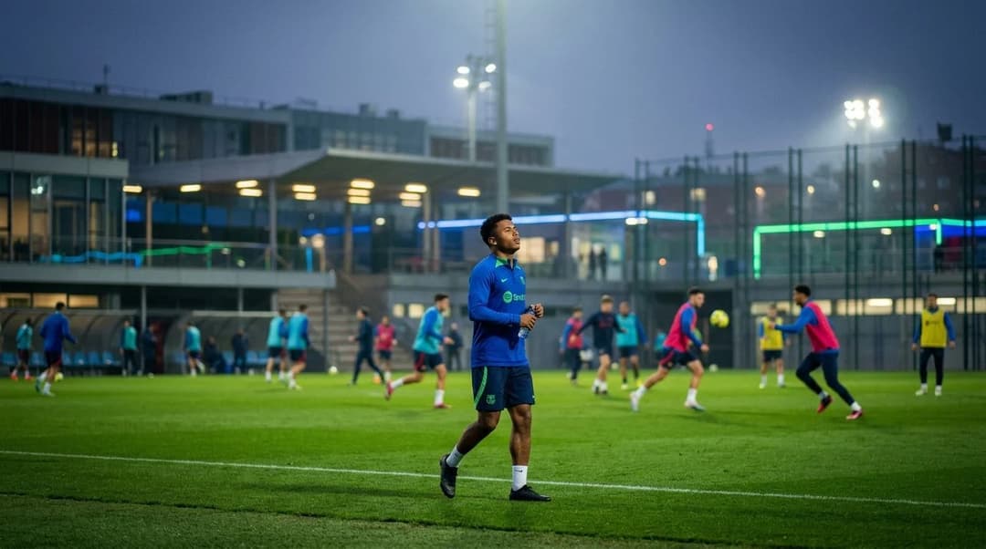 A medium shot of Karim Adeyemi at the Ciutat Esportiva, surrounded by training teammates under neon lights.