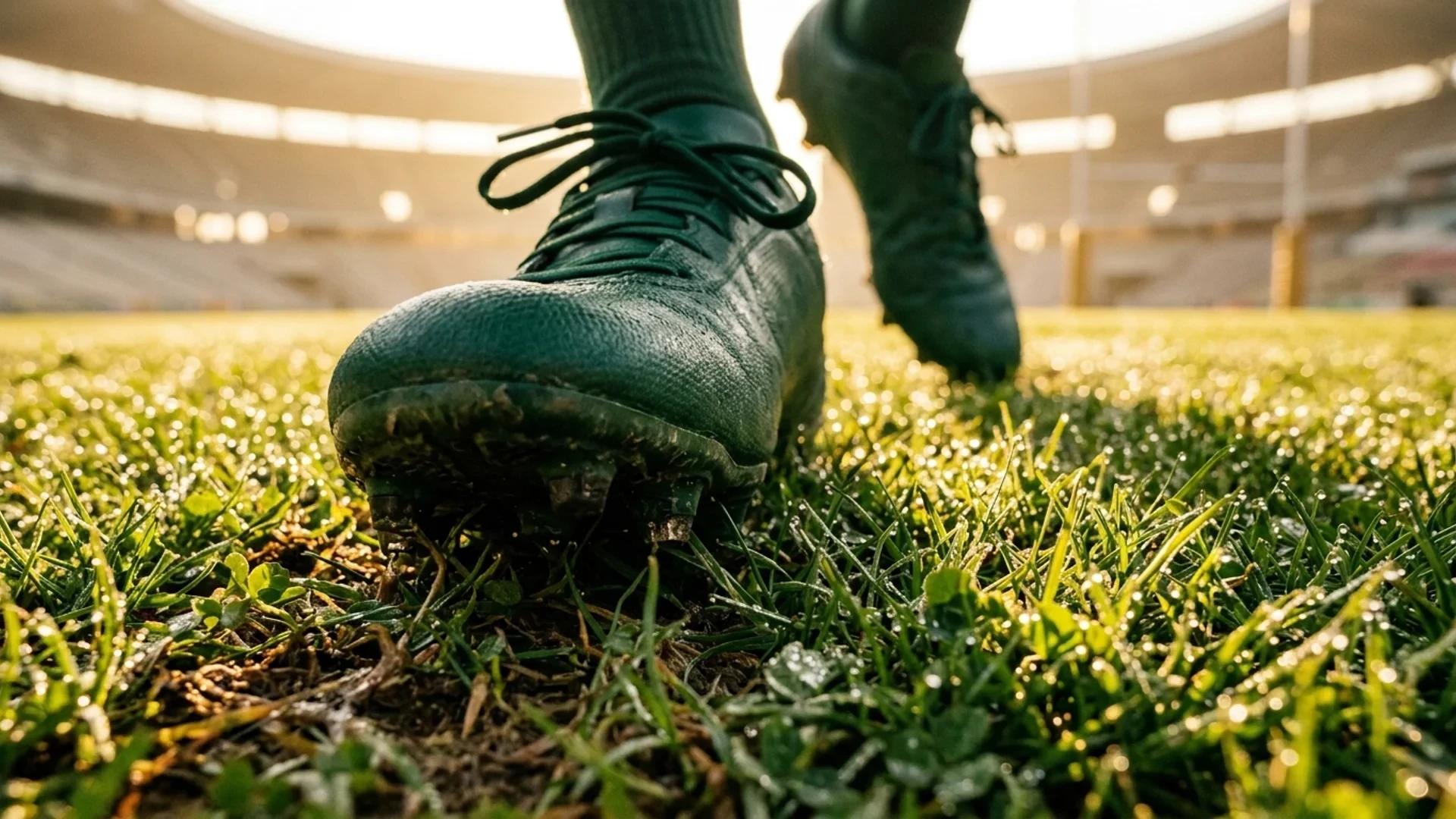 Close-up of a football player's cleats on grass.