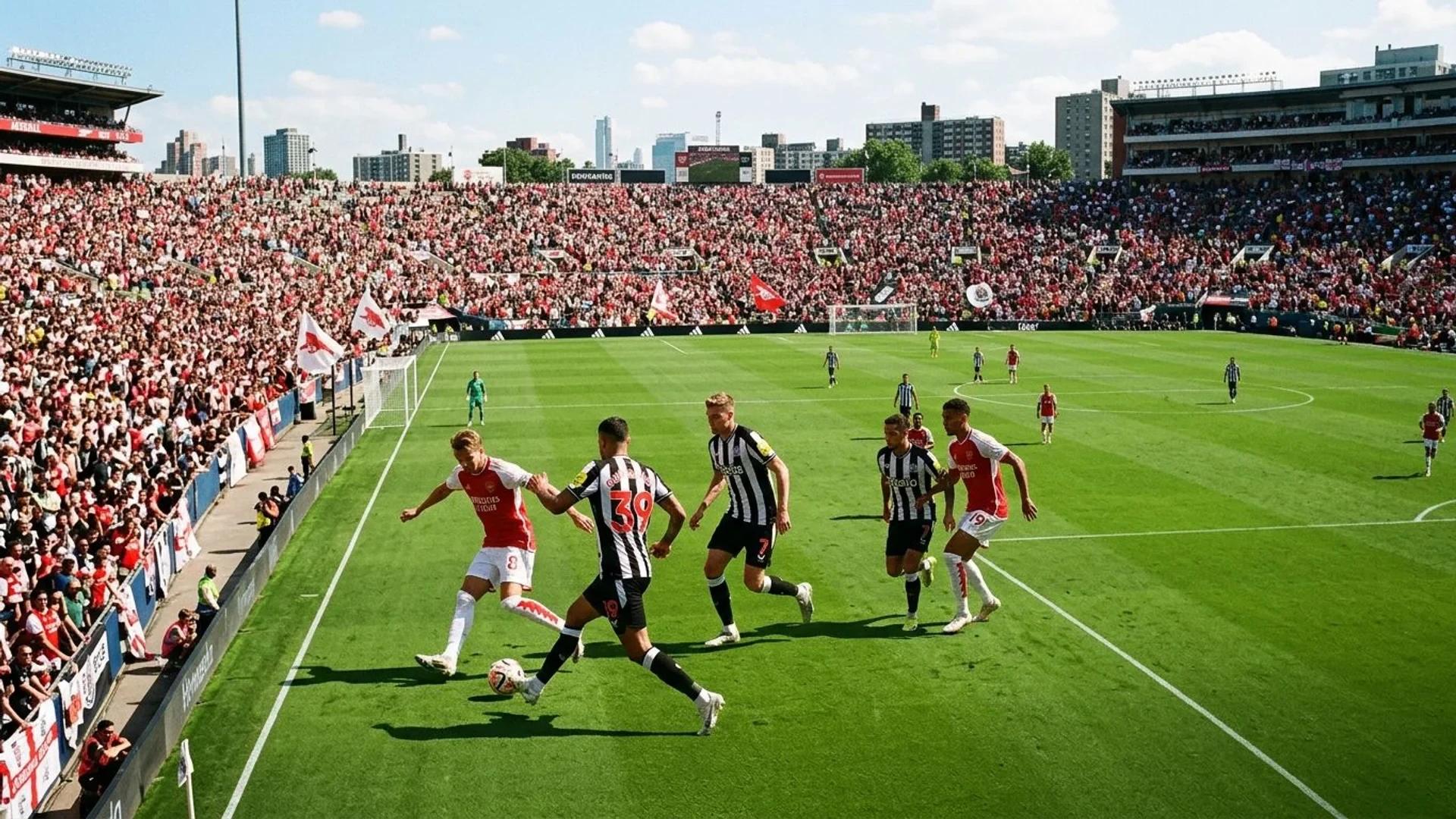 Fotballspillere fra Arsenal og Newcastle i en intens kamp under middagssolen.