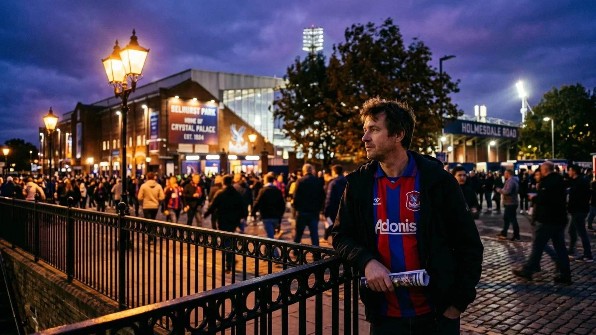 En fan i retro Crystal Palace-drakt står ved et jernrekkverk, med stadion i bakgrunnen i skumringen.