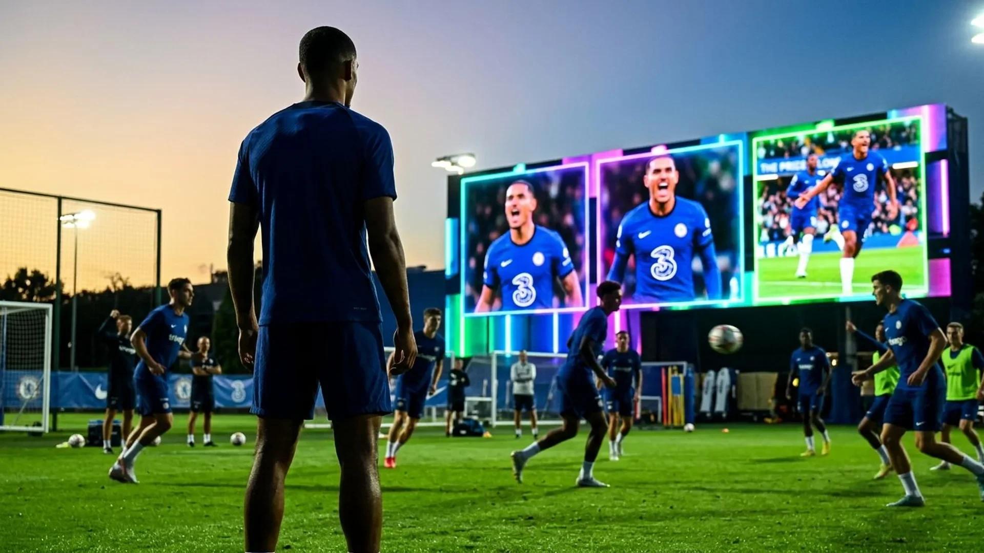 Maxence Lacroix at a Chelsea training ground, seen from over-the-shoulder with neon lighting.