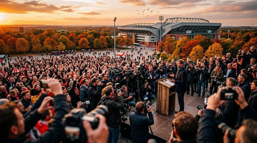 Wide shot of Jürgen Klopp at a press conference with a golden sunset in the background.
