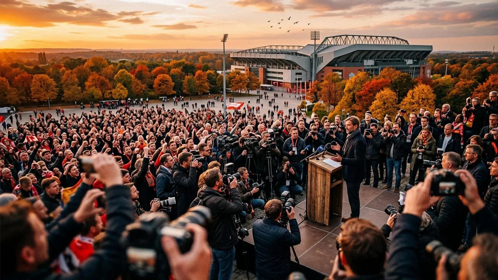 Wide shot of Jürgen Klopp at a press conference with a golden sunset in the background.