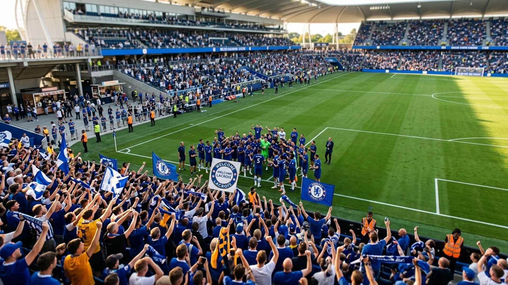 Aerial view of a soccer pitch with fans cheering for Chelsea as Maxence Lacroix arrives.