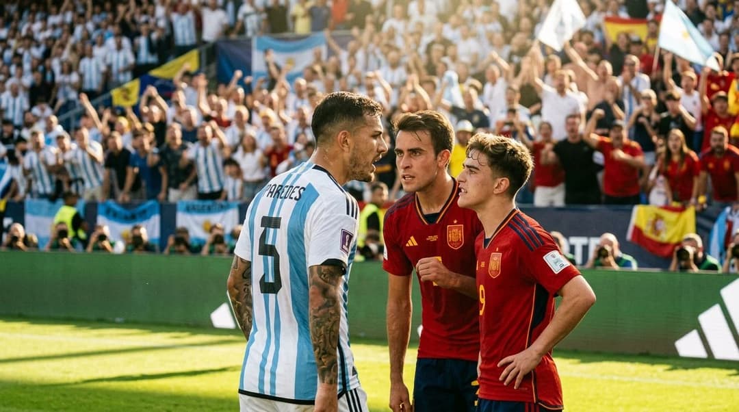 Over-the-shoulder view of soccer players in a tense confrontation on a sunlit field.
