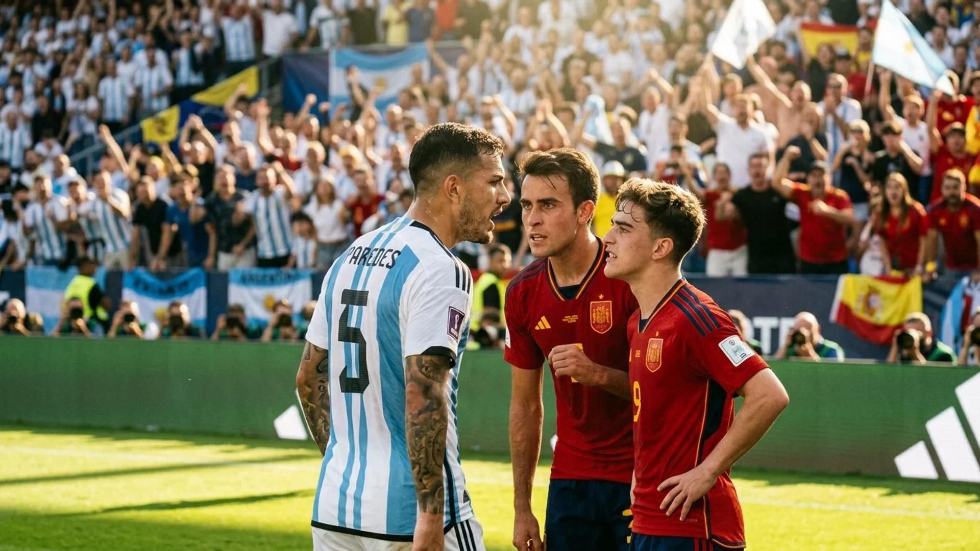 Over-the-shoulder view of soccer players in a tense confrontation on a sunlit field.