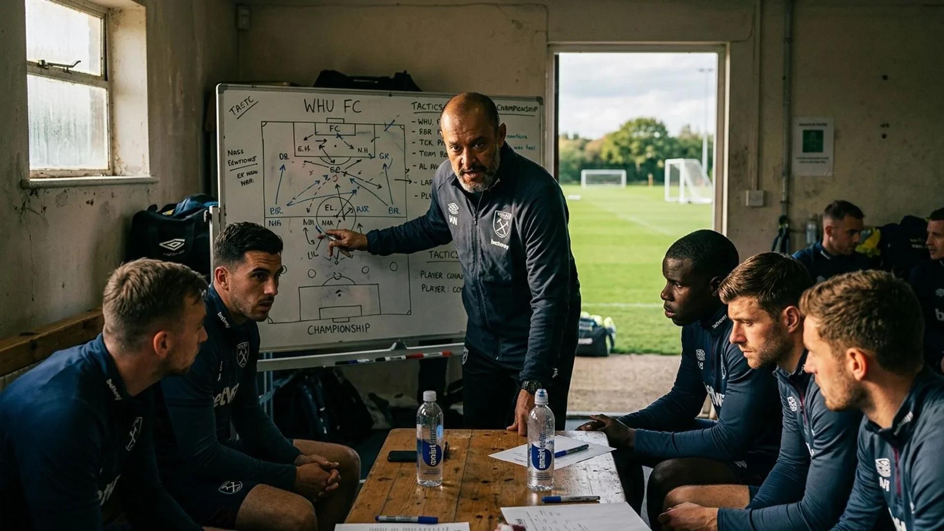 Nuno Espírito Santo leading a tactical meeting with players in a dimly lit training room.