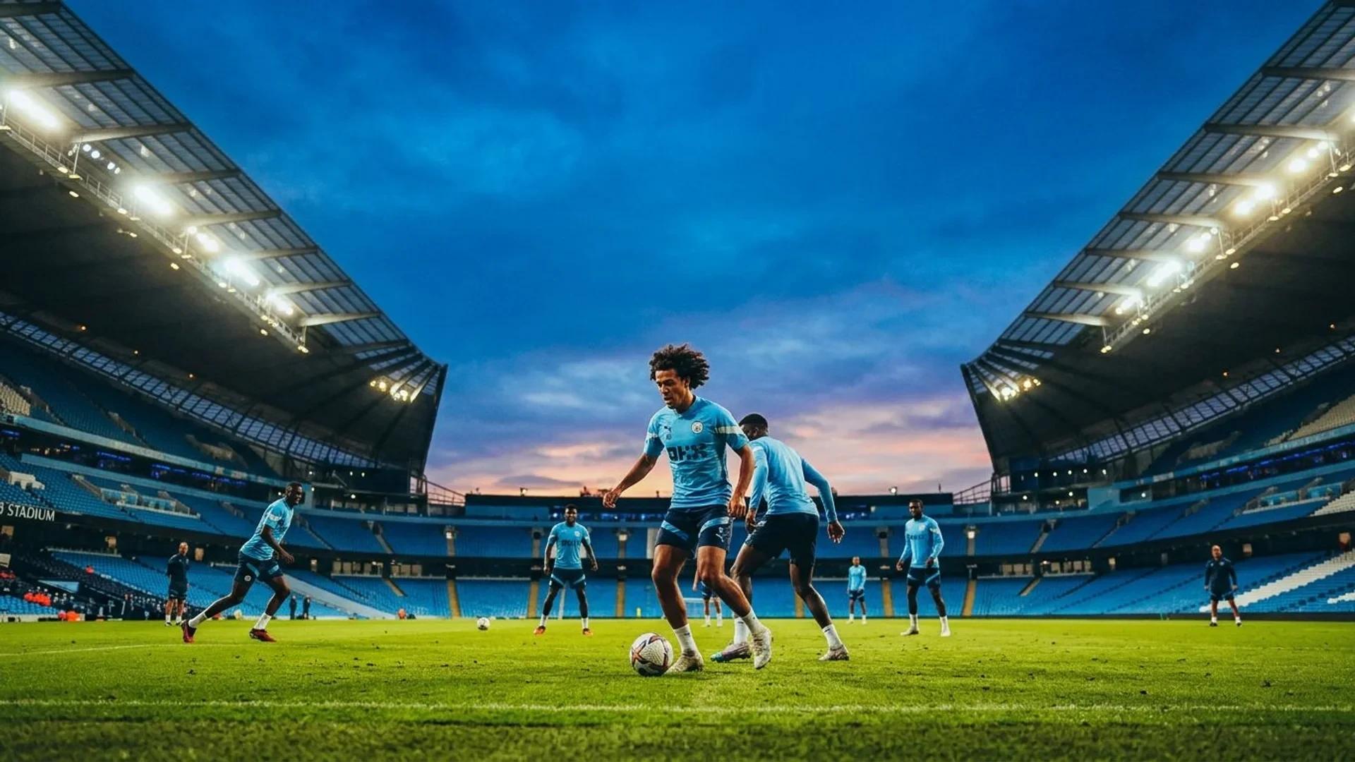 Ayyoub Bouaddi practicing on the pitch at twilight during a training session.
