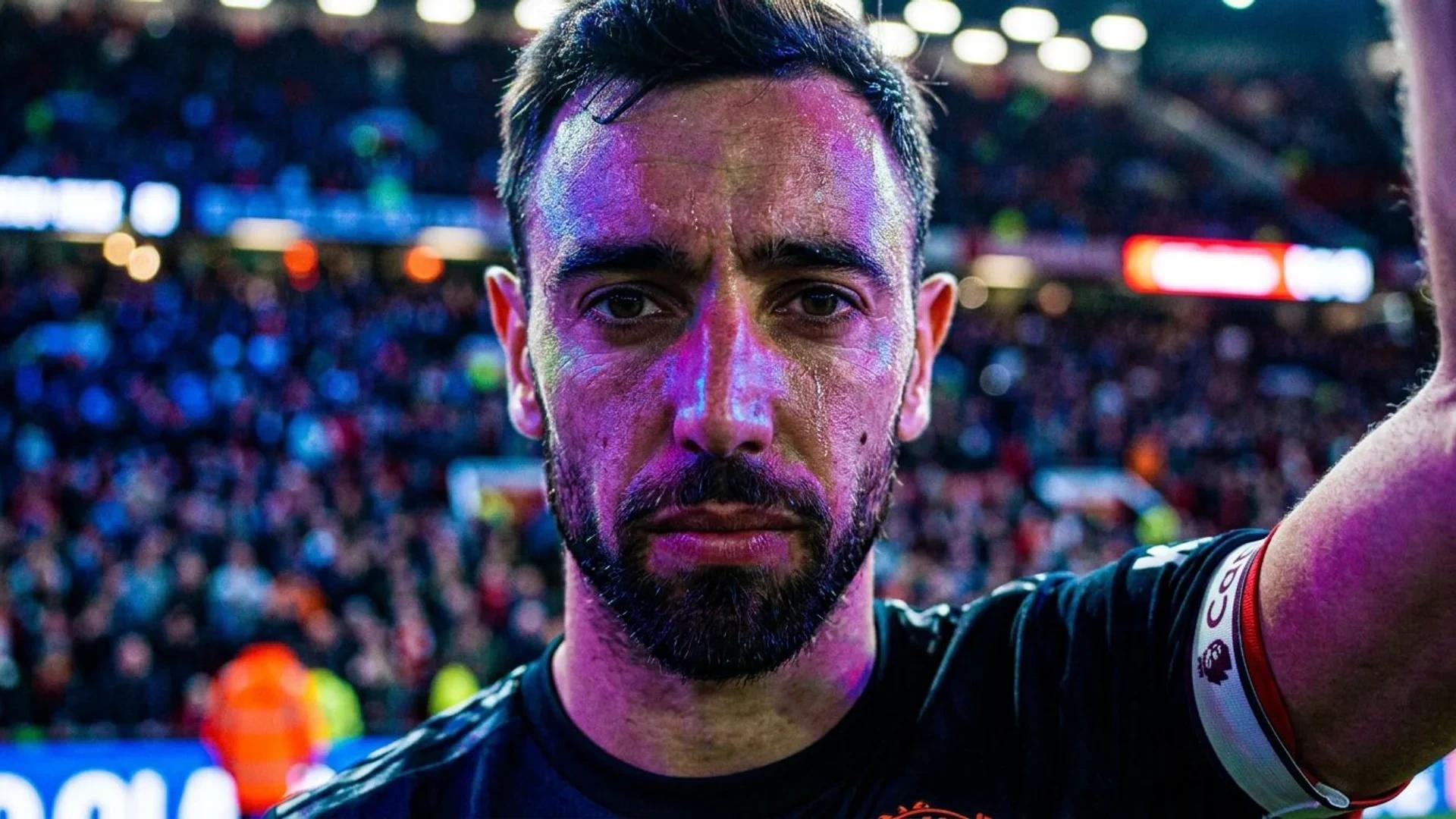 Et nært bilde av Bruno Fernandes som viser hans intense uttrykk under et fotballspill.